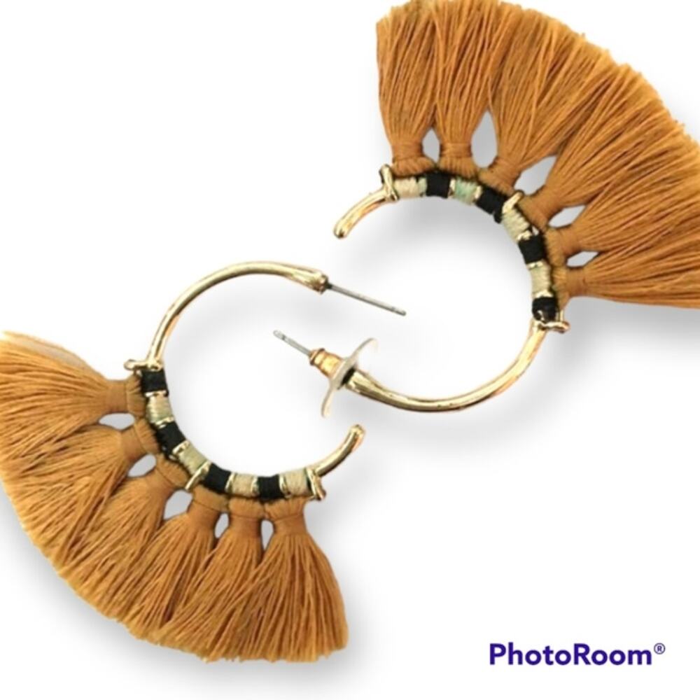Mustard yellow tassel hoop earrings
